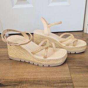 Madden Girl Women's Beige Raffia Wedge Platform Sandals With Ankle Strap 8.5